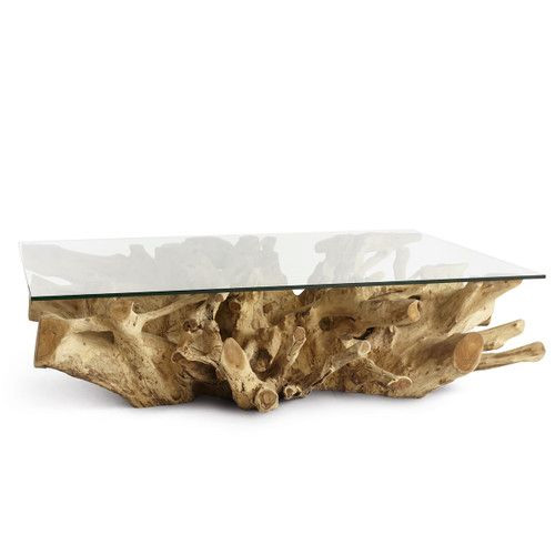 Teak root wood coffee table with glass