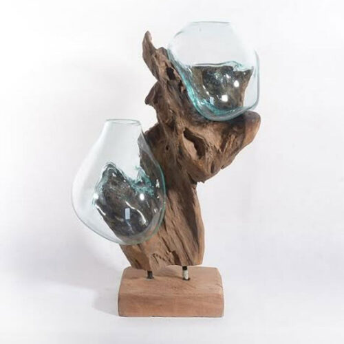 Melted glass on teak wood sculpture