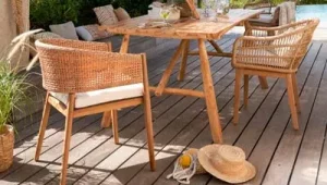 Teak wood and rattan outdoor chairs